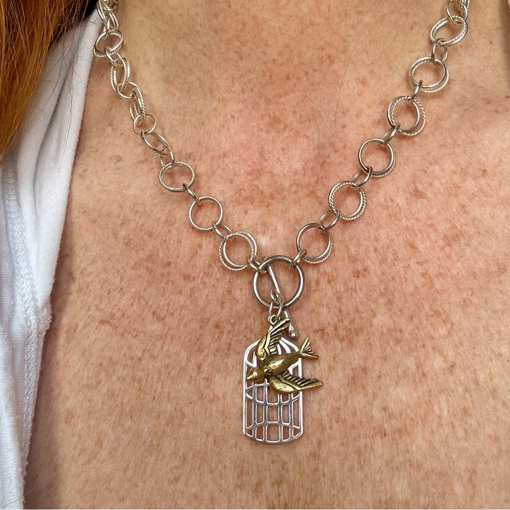 925 Sterling Silver Bird & Cage Pendant Necklace Vintage